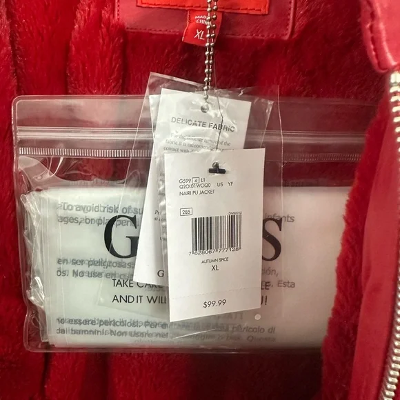 Guess Red faux Leather Motorcycle Jacket with Stand-up Collar - Picture 7 of 8